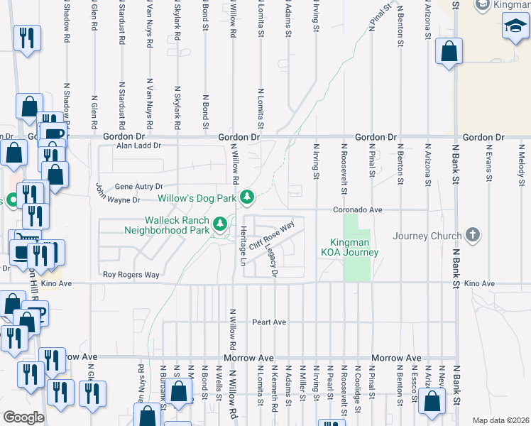 map of restaurants, bars, coffee shops, grocery stores, and more near 2399 Crown Point Drive in Kingman