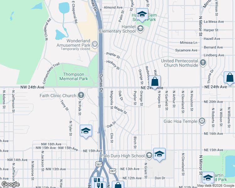 map of restaurants, bars, coffee shops, grocery stores, and more near 2021-2023 Oak Drive in Amarillo