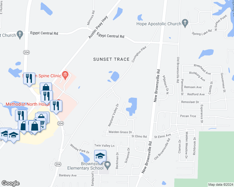 map of restaurants, bars, coffee shops, grocery stores, and more near 5346 Meegan Drive in Memphis