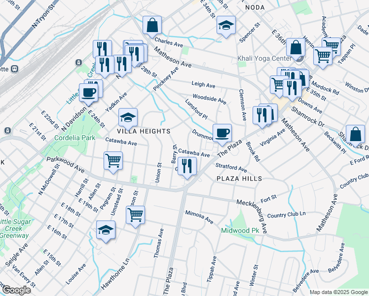 map of restaurants, bars, coffee shops, grocery stores, and more near 2421 Lola Avenue in Charlotte