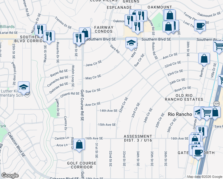 map of restaurants, bars, coffee shops, grocery stores, and more near 3203 Ann Circle Southeast in Rio Rancho