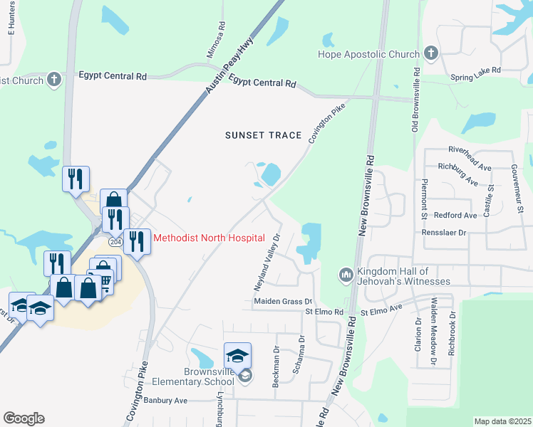 map of restaurants, bars, coffee shops, grocery stores, and more near 4040 Sunset Lake Cove in Memphis
