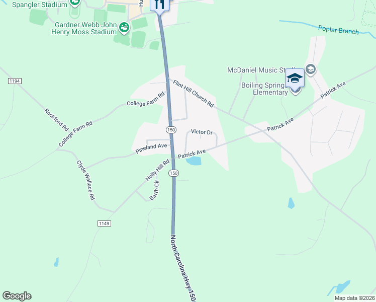 map of restaurants, bars, coffee shops, grocery stores, and more near 1714 Patrick Avenue in Shelby