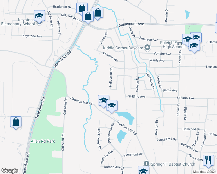 map of restaurants, bars, coffee shops, grocery stores, and more near 4023 Haliburton Street in Memphis