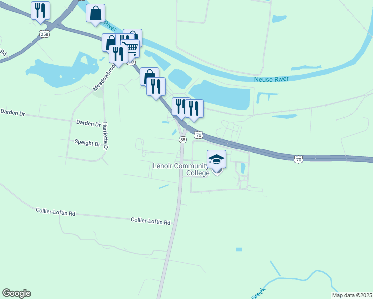 map of restaurants, bars, coffee shops, grocery stores, and more near 231 North Street in Kinston
