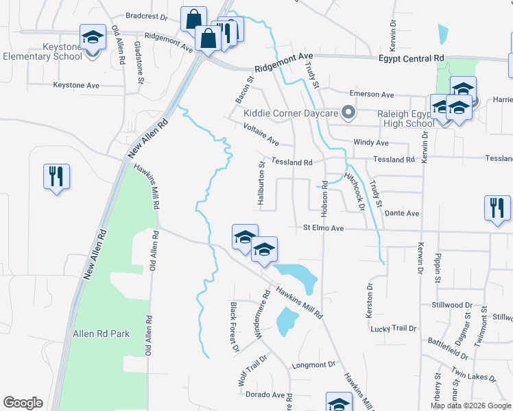 map of restaurants, bars, coffee shops, grocery stores, and more near 3619 Dante Avenue in Memphis