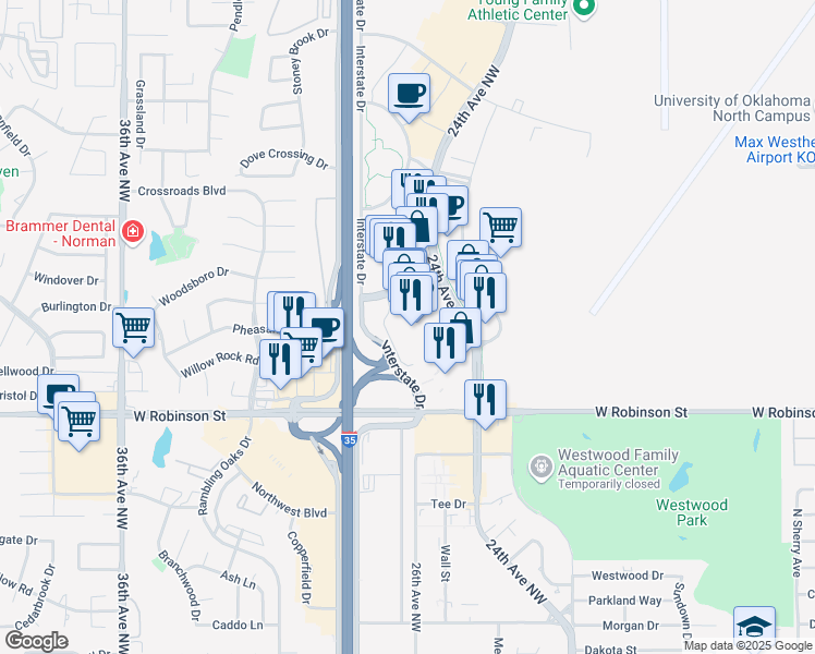 map of restaurants, bars, coffee shops, grocery stores, and more near 1400 24th Avenue Northwest in Norman