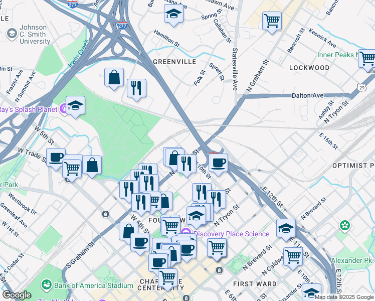 map of restaurants, bars, coffee shops, grocery stores, and more near in Charlotte