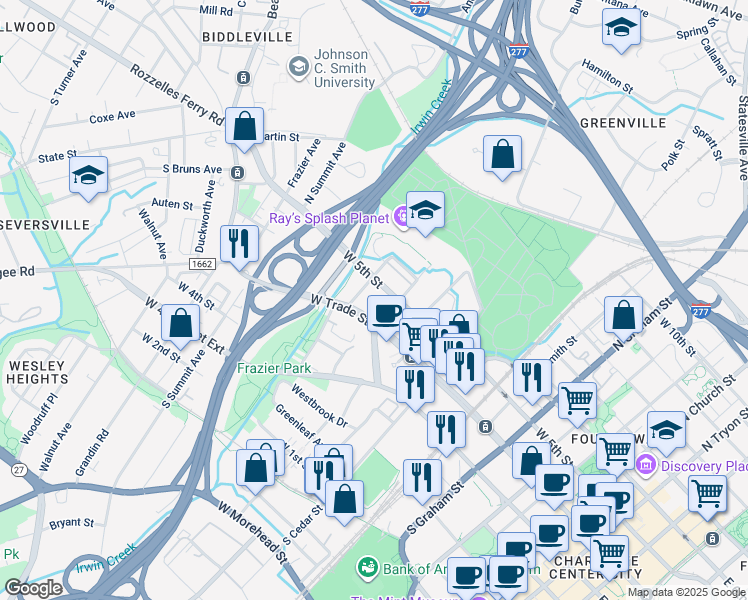map of restaurants, bars, coffee shops, grocery stores, and more near in Charlotte