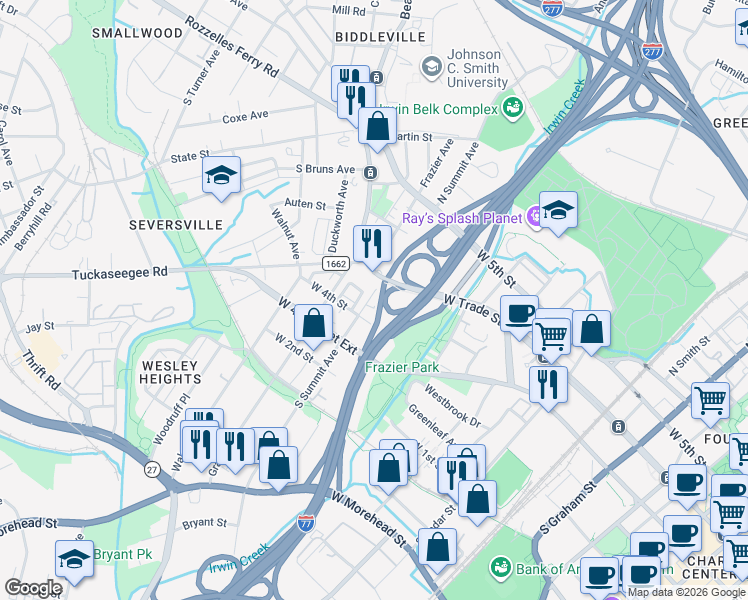 map of restaurants, bars, coffee shops, grocery stores, and more near in Charlotte