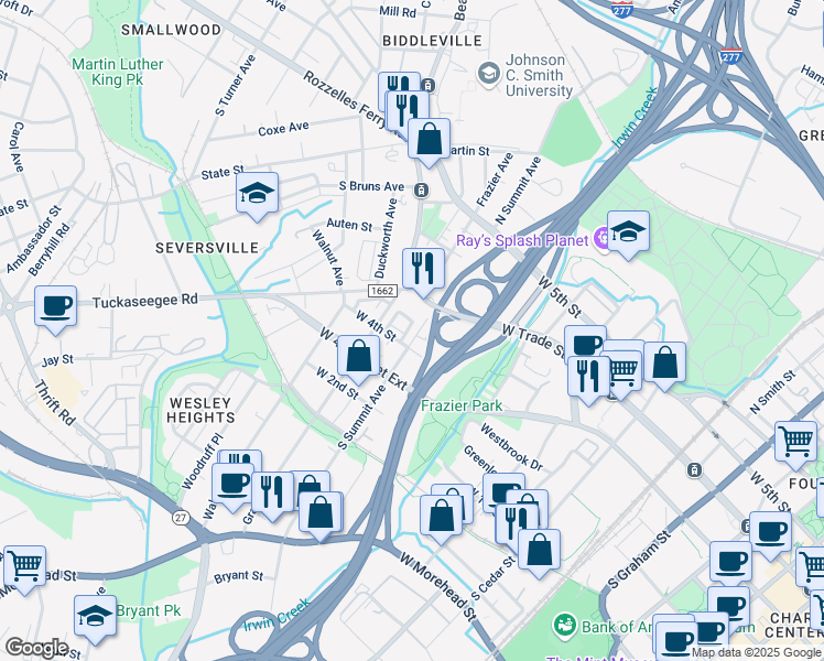 map of restaurants, bars, coffee shops, grocery stores, and more near 201 South Summit Avenue in Charlotte