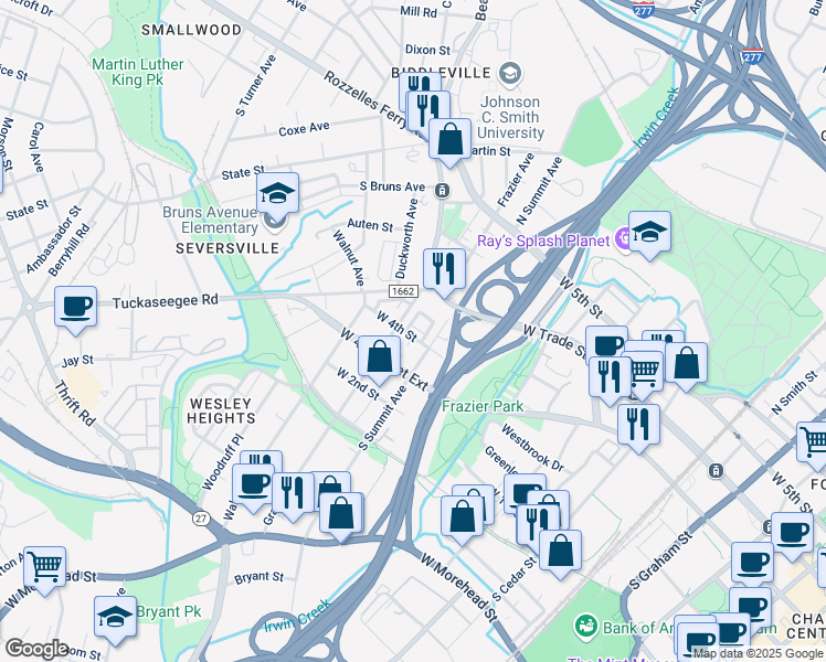 map of restaurants, bars, coffee shops, grocery stores, and more near 201 South Summit Avenue in Charlotte