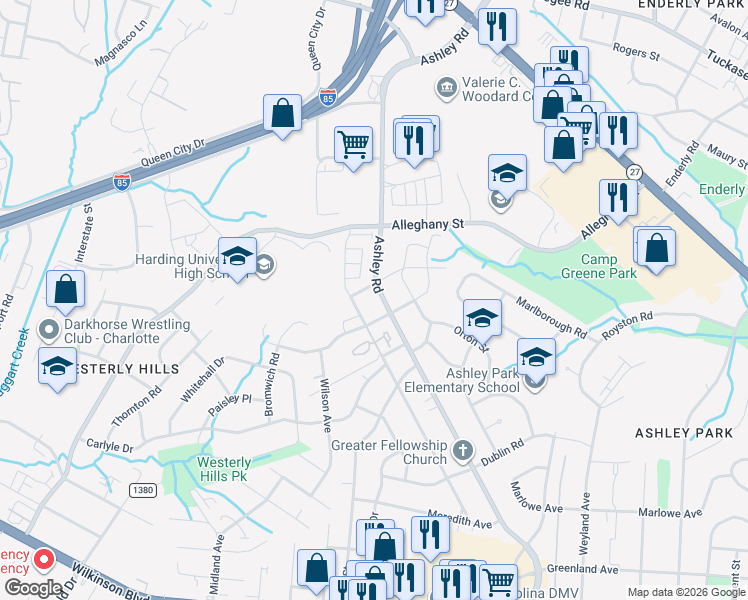 map of restaurants, bars, coffee shops, grocery stores, and more near 2027 Heywood Avenue in Charlotte