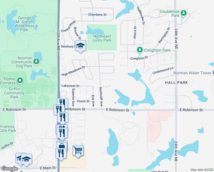 map of restaurants, bars, coffee shops, grocery stores, and more near 1289 Northcliff Avenue in Norman