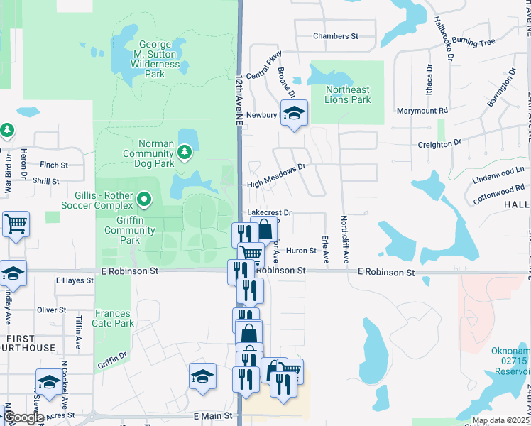 map of restaurants, bars, coffee shops, grocery stores, and more near 1328 Superior Avenue in Norman