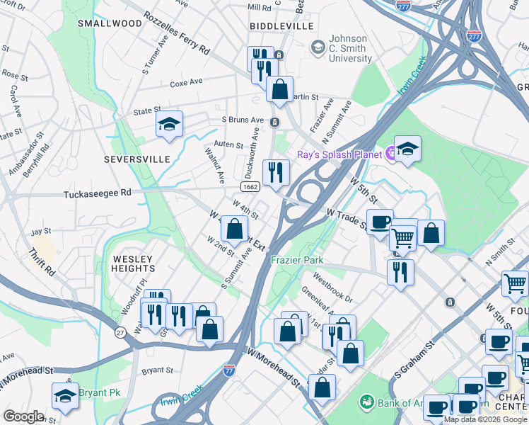 map of restaurants, bars, coffee shops, grocery stores, and more near in Charlotte