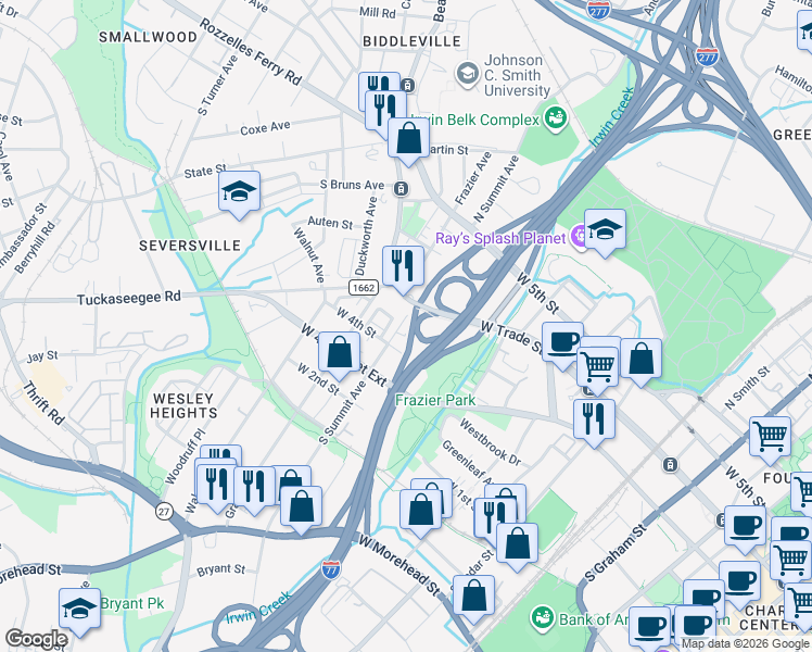 map of restaurants, bars, coffee shops, grocery stores, and more near in Charlotte