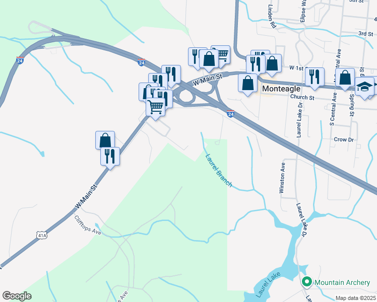 map of restaurants, bars, coffee shops, grocery stores, and more near 424 Indigo Lane in Monteagle