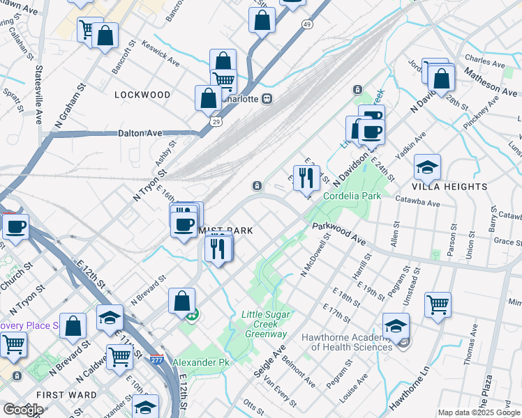 map of restaurants, bars, coffee shops, grocery stores, and more near 1500 North Caldwell Street in Charlotte