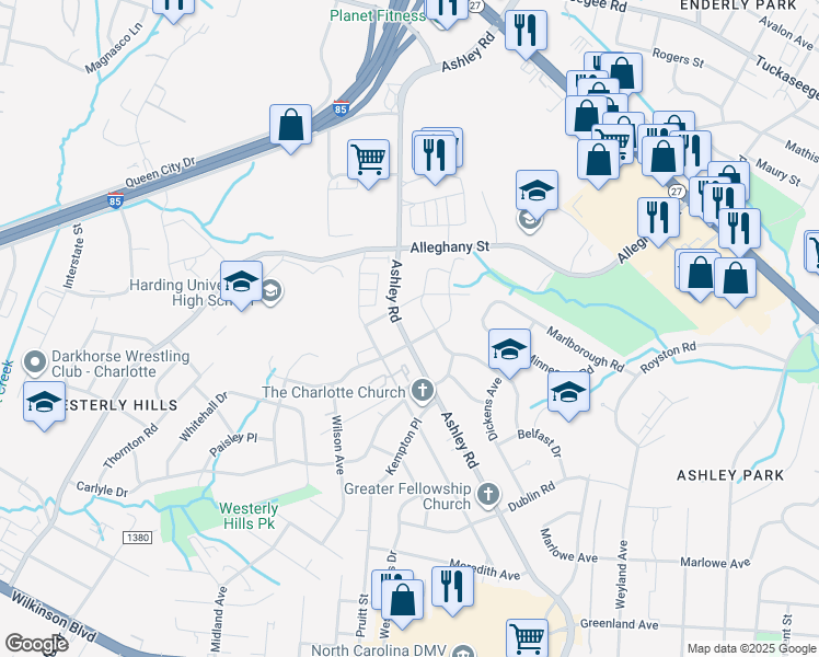 map of restaurants, bars, coffee shops, grocery stores, and more near 2020 Granger Avenue in Charlotte