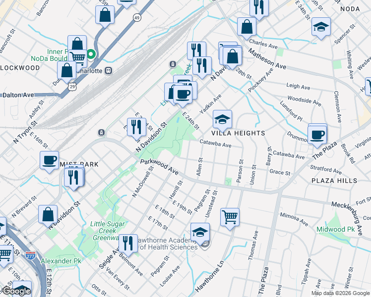 map of restaurants, bars, coffee shops, grocery stores, and more near 1915 Harrill Street in Charlotte