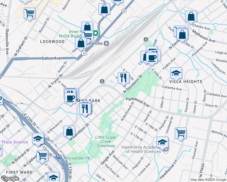 map of restaurants, bars, coffee shops, grocery stores, and more near 1721 North Caldwell Street in Charlotte