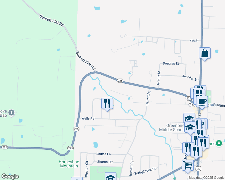 map of restaurants, bars, coffee shops, grocery stores, and more near 9 Sunset Street in Greenbrier