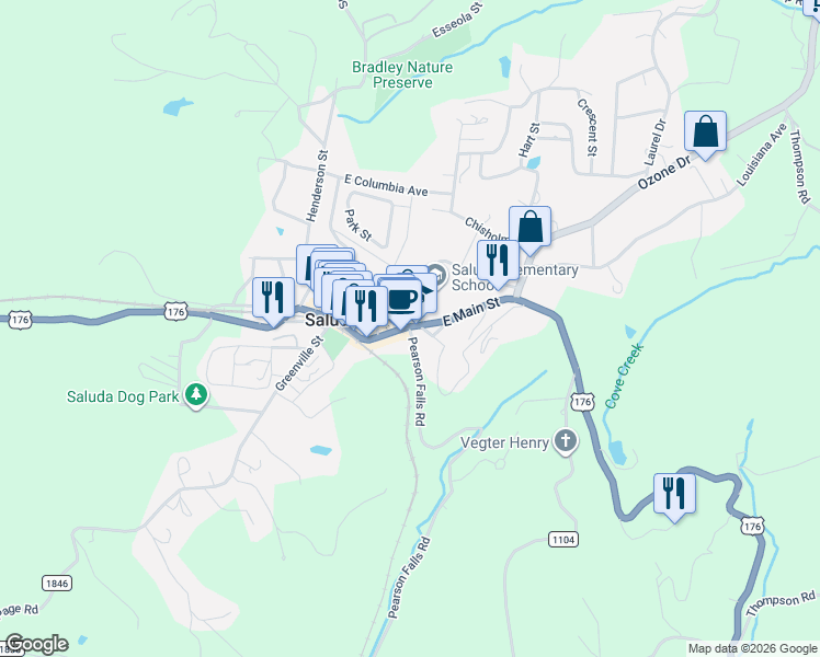 map of restaurants, bars, coffee shops, grocery stores, and more near 214 E Main St in Saluda