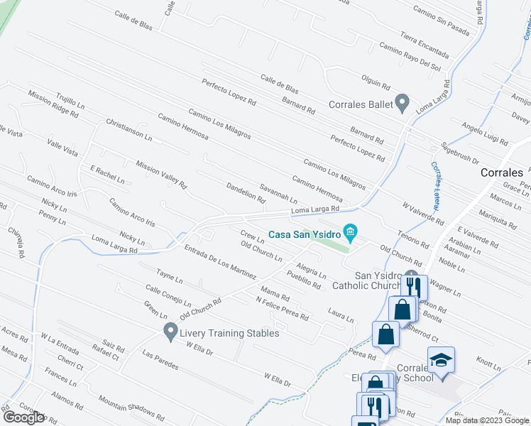 map of restaurants, bars, coffee shops, grocery stores, and more near 2704 Loma Larga Road in Corrales