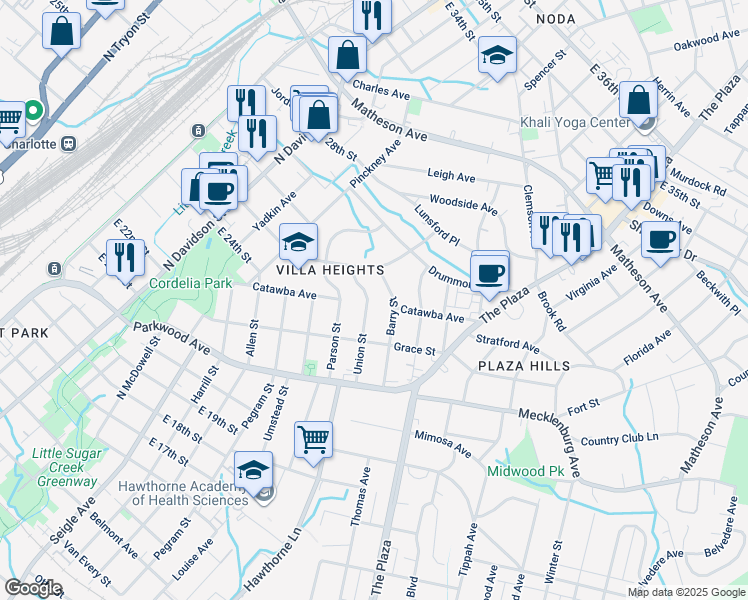 map of restaurants, bars, coffee shops, grocery stores, and more near 2527 Barry Street in Charlotte