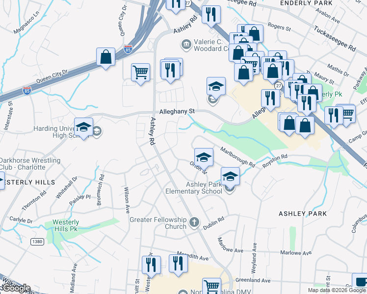 map of restaurants, bars, coffee shops, grocery stores, and more near 1938 Manteo Court in Charlotte