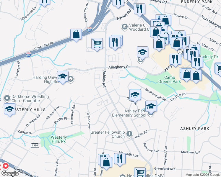 map of restaurants, bars, coffee shops, grocery stores, and more near in Charlotte