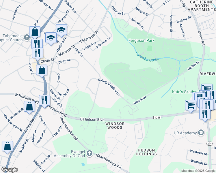 map of restaurants, bars, coffee shops, grocery stores, and more near 1589 Rolling Meadow Lane in Gastonia