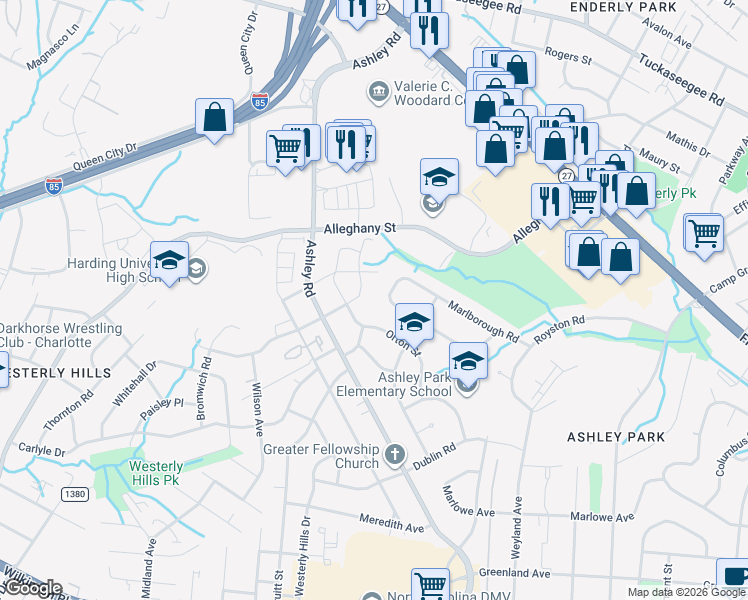 map of restaurants, bars, coffee shops, grocery stores, and more near 1938 Manteo Court in Charlotte