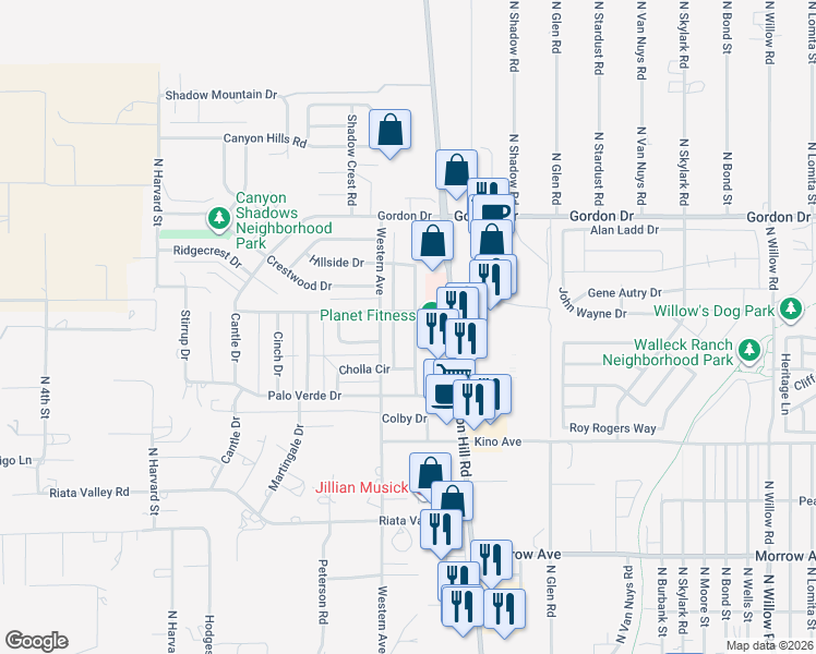 map of restaurants, bars, coffee shops, grocery stores, and more near 1729 Hillcrest Drive in Kingman