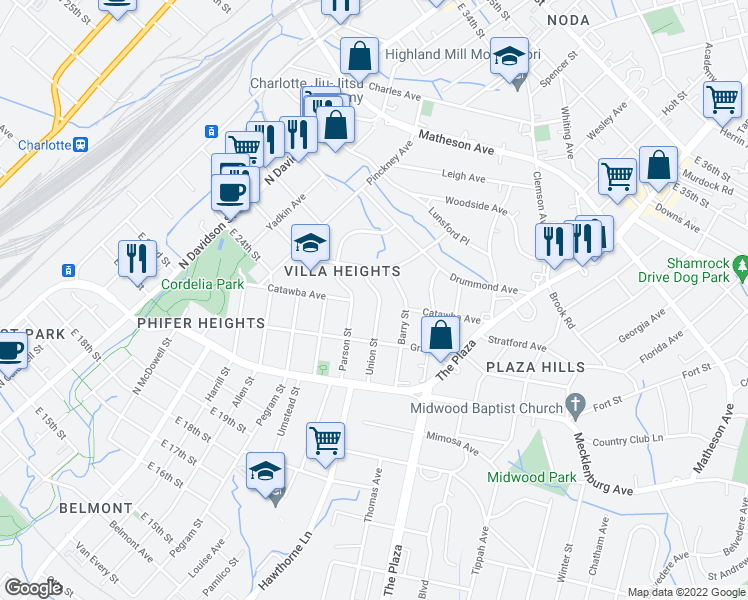 map of restaurants, bars, coffee shops, grocery stores, and more near 2001 Union Street in Charlotte