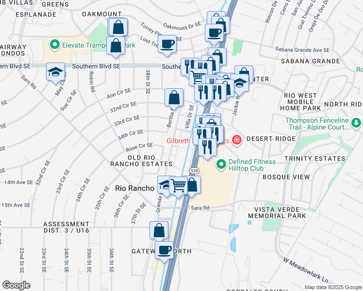 map of restaurants, bars, coffee shops, grocery stores, and more near 1303 Villa Drive Southeast in Rio Rancho