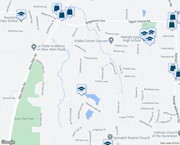 map of restaurants, bars, coffee shops, grocery stores, and more near 4031 Windermere Road in Memphis