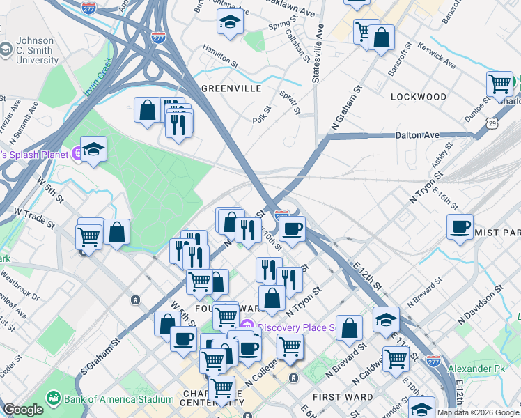 map of restaurants, bars, coffee shops, grocery stores, and more near in Charlotte