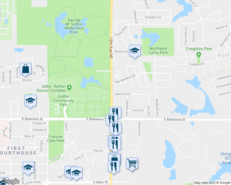map of restaurants, bars, coffee shops, grocery stores, and more near 1209 Lakecrest Drive in Norman