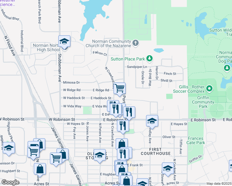 map of restaurants, bars, coffee shops, grocery stores, and more near 301 East Haddock Street in Norman