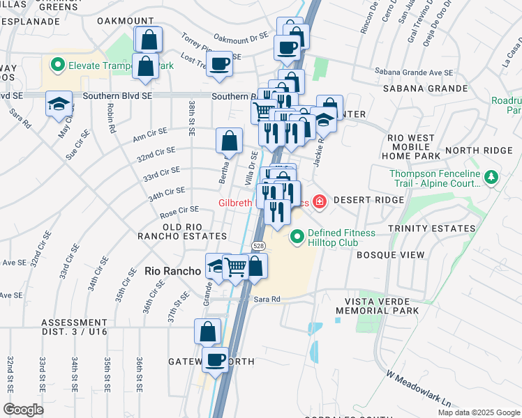 map of restaurants, bars, coffee shops, grocery stores, and more near 1303 Rio Rancho Drive Southeast in Rio Rancho
