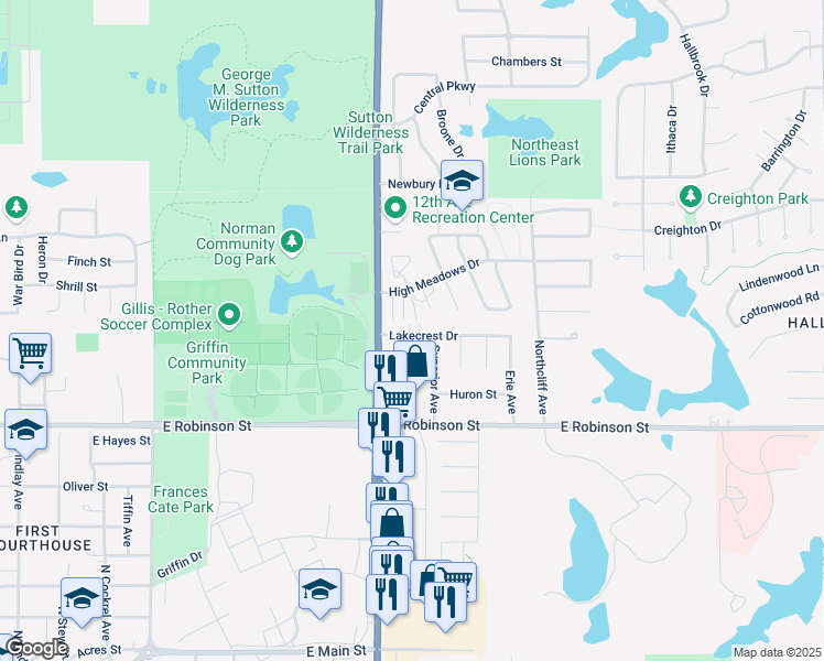 map of restaurants, bars, coffee shops, grocery stores, and more near 1223 Lakecrest Drive in Norman
