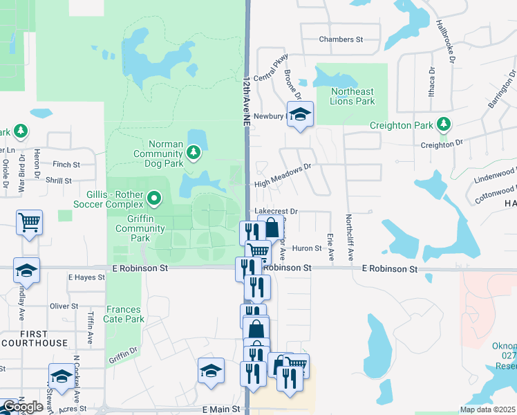 map of restaurants, bars, coffee shops, grocery stores, and more near 1219 Lakecrest Drive in Norman