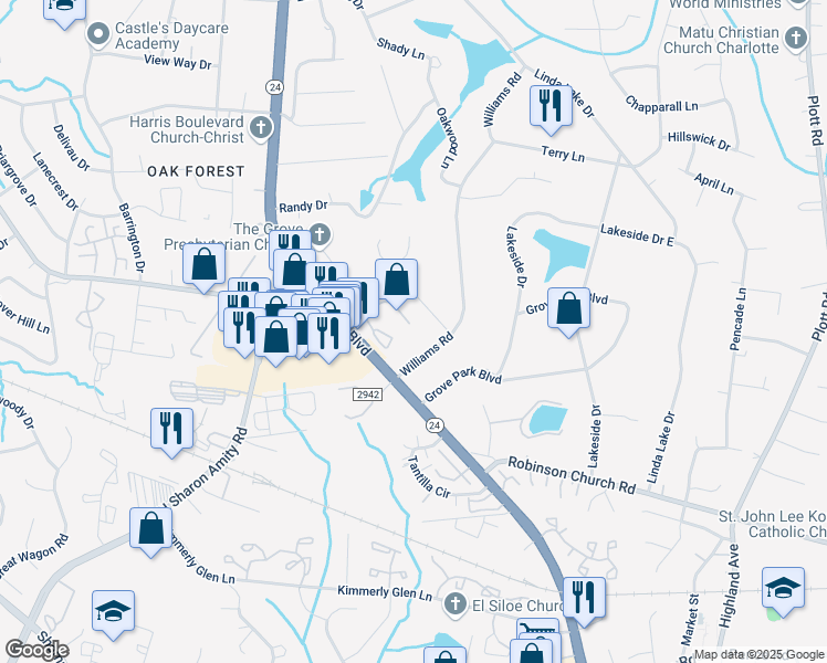 map of restaurants, bars, coffee shops, grocery stores, and more near 6250 Rosecroft Drive in Charlotte