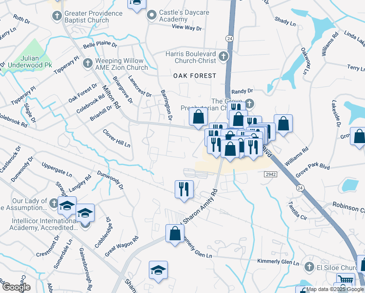 map of restaurants, bars, coffee shops, grocery stores, and more near 7123 Barrington Drive in Charlotte