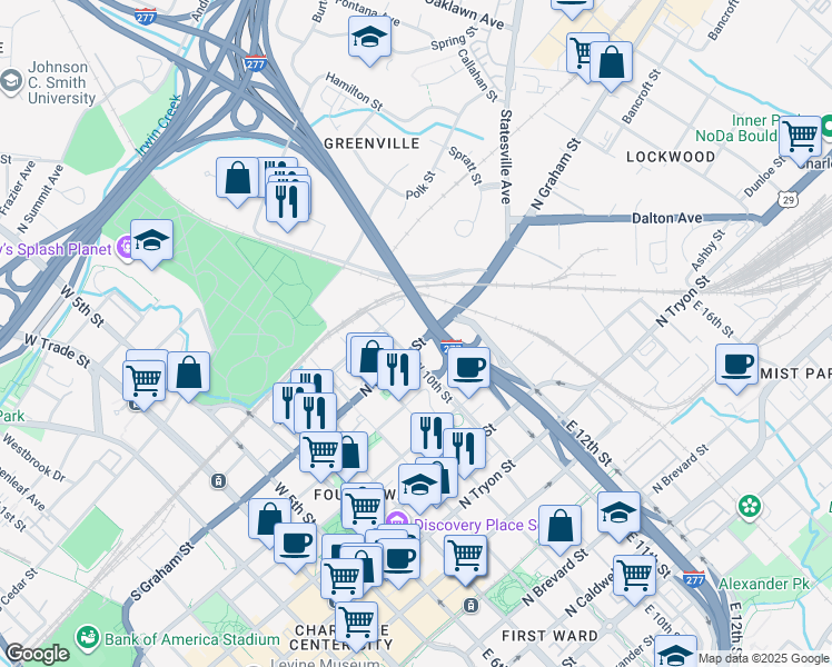 map of restaurants, bars, coffee shops, grocery stores, and more near 825 North Graham Street in Charlotte