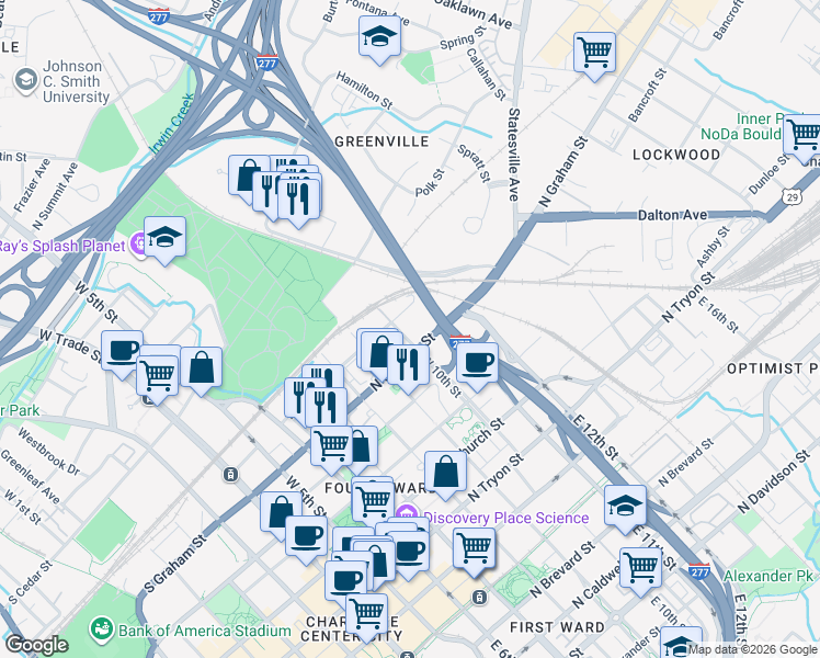 map of restaurants, bars, coffee shops, grocery stores, and more near in Charlotte
