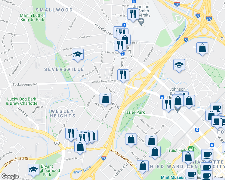 map of restaurants, bars, coffee shops, grocery stores, and more near 1539 Walnut View Drive in Charlotte