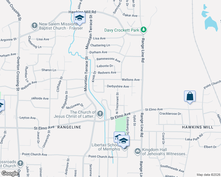 map of restaurants, bars, coffee shops, grocery stores, and more near 2494 Derbyshire Avenue in Memphis